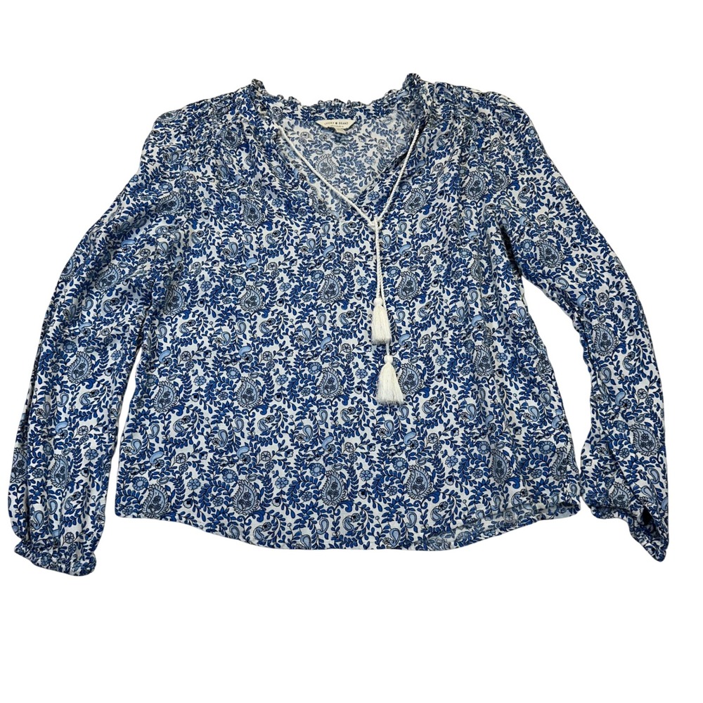 Lucky Brand Blouse Womens Small Blue Paisley Floral Boho Tassel Peasant Top